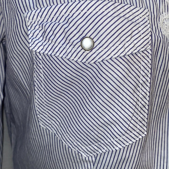 GUESS STRIPED SNAP-DOWN SHIRT MESH/LACE APPLIQUÉ SZ XS - Picture 6 of 16